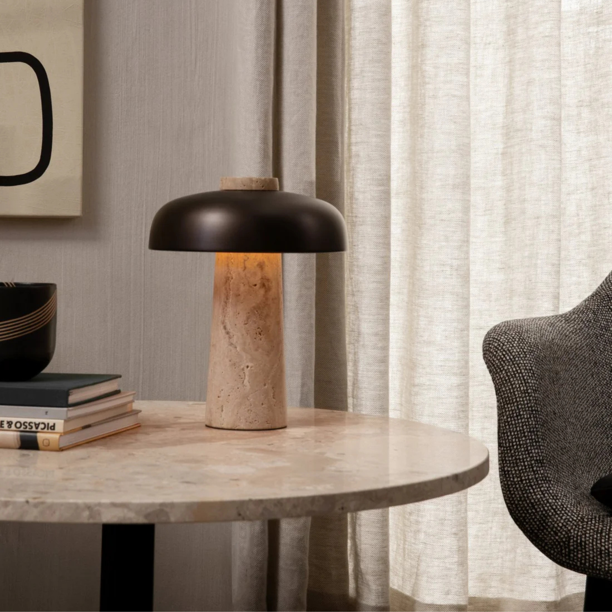 Reverse Table Lamp / Bronzed brass / Travertine